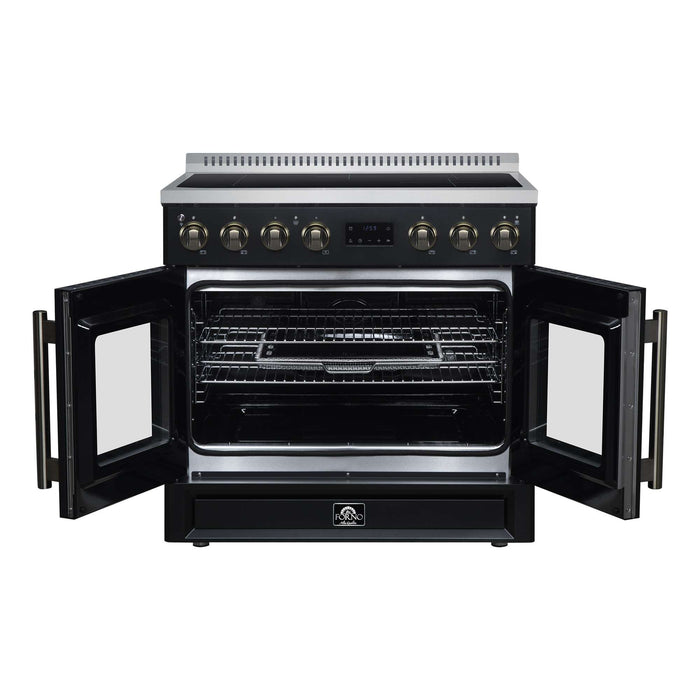 Forno Torino 36-inch induction range in black front view with the door open