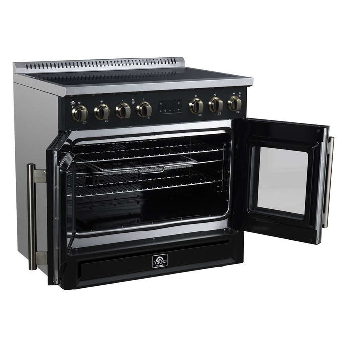 Forno Torino 36-inch induction range in black left angled view with the door open