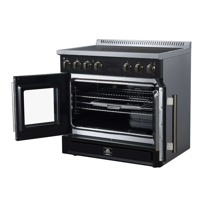 Forno Torino 36-inch induction range in black right angled view with the door open