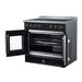 Forno Torino 36-inch induction range in black right angled view with the door open
