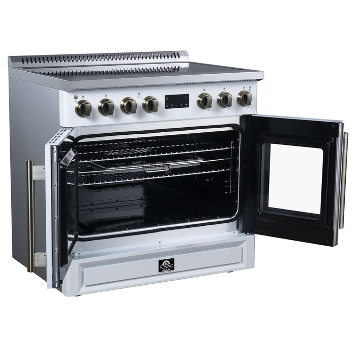 Forno Torino 36-inch induction range in white left angled view with the door open