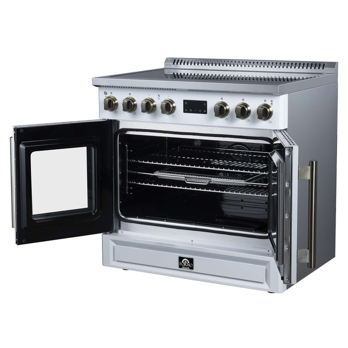 Forno Torino 36-inch induction range in white right angled view with the door open