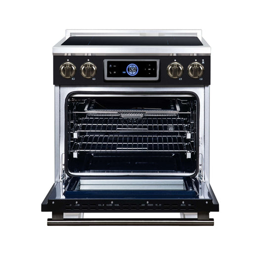 Forno Maximus 30-inch induction range in black front view with the door open