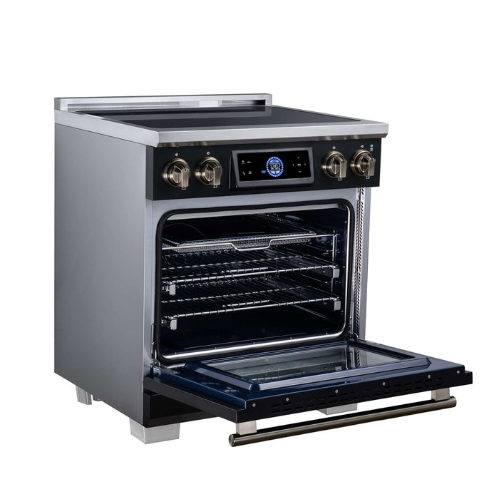 Forno Maximus 30-inch induction range in black left angled view with the door open