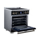 Forno Maximus 30-inch induction range in black left angled view with the door open