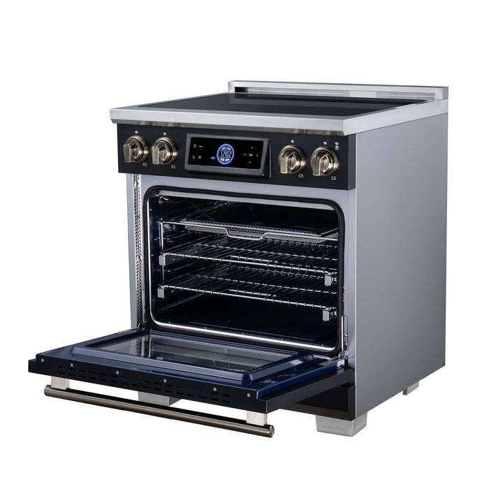 Forno Maximus 30-inch induction range in black right angled view with the door open