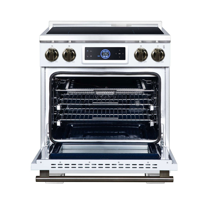 Forno Maximus 30-inch induction range in white front view with the door open