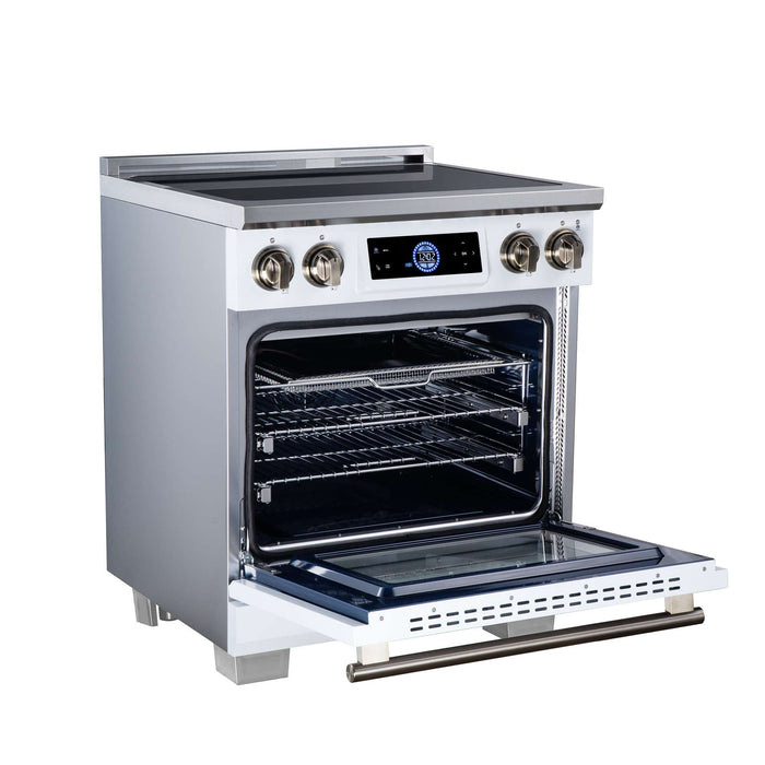 Forno Maximus 30-inch induction range in white left angled view with the door open