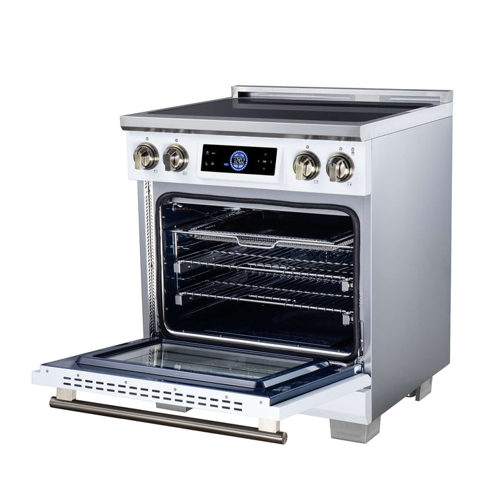 Forno Maximus 30-inch induction range in white right angled view with the door open