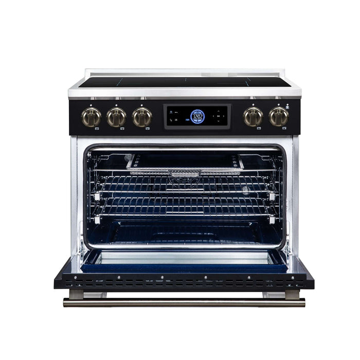 Forno Maximus 36-inch induction range in black front view with the door open