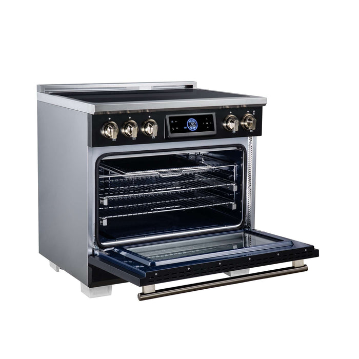 Forno Maximus 36-inch induction range in black left angled view with the door open