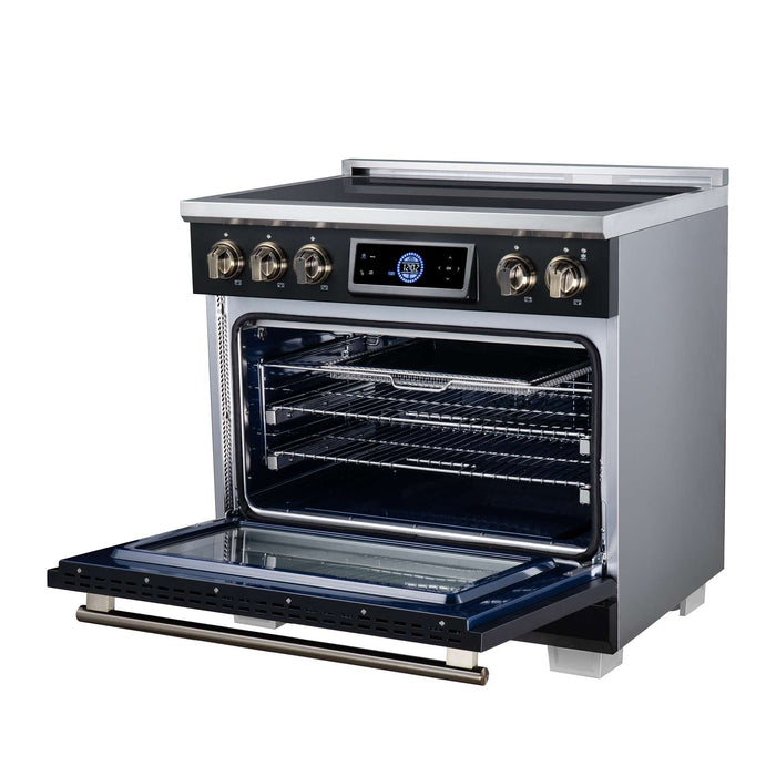 Forno Maximus 36-inch induction range in black right angled view with the door open
