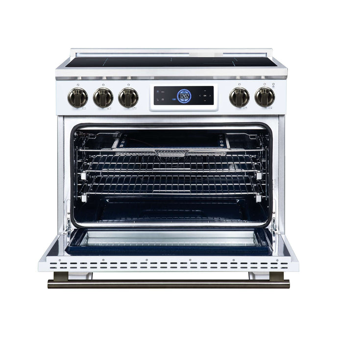 Forno Maximus 36-inch induction range in white front view with the door open