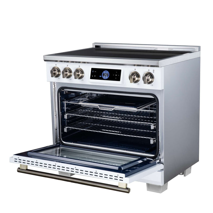 Forno Maximus 36-inch induction range in white right angled view with the door open