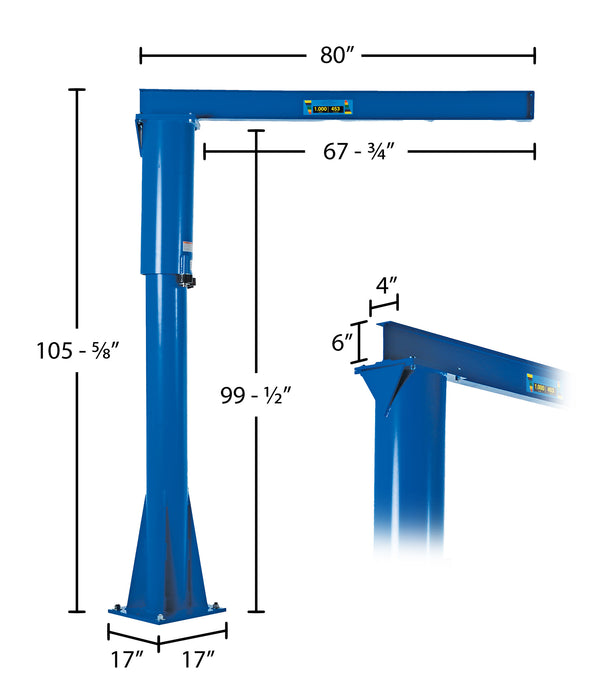 Vestil JIB-FM-10 steel floor mounted jib dimensions diagram