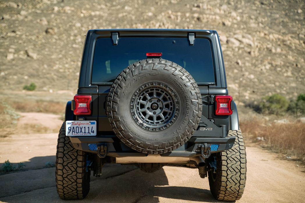 DV8 Offroad 2018-2026 Jeep Wrangler JL MTO Series Bumper Spare Tire Swing Gate – installed on vehicle, image 2 of 17