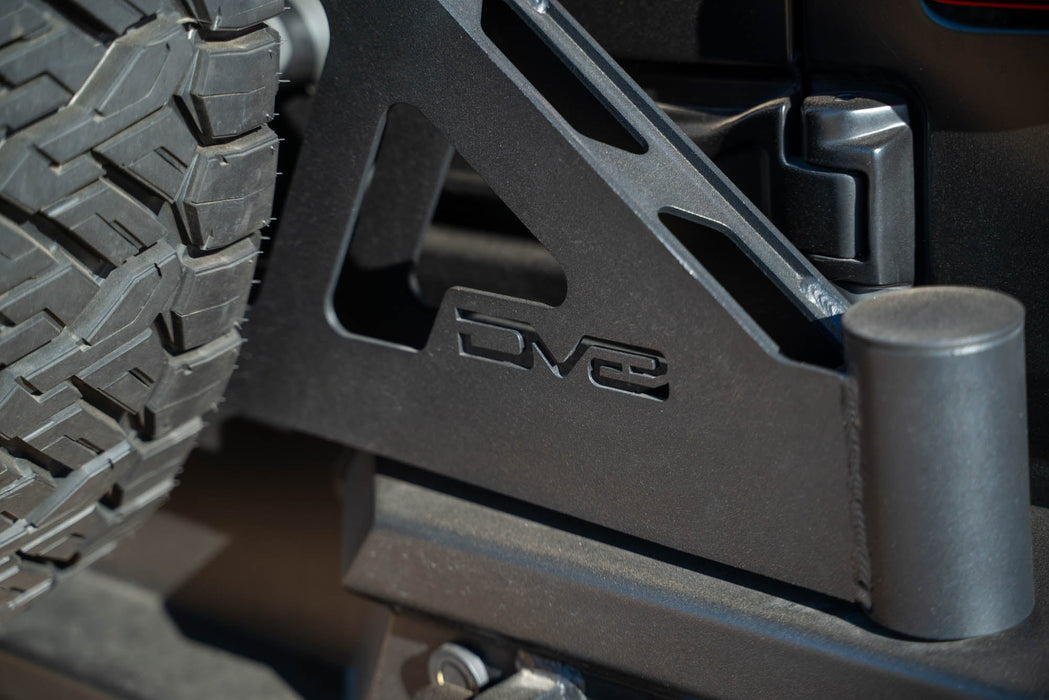 DV8 Offroad 2018-2026 Jeep Wrangler JL MTO Series Bumper Spare Tire Swing Gate – installed on vehicle, image 9 of 17