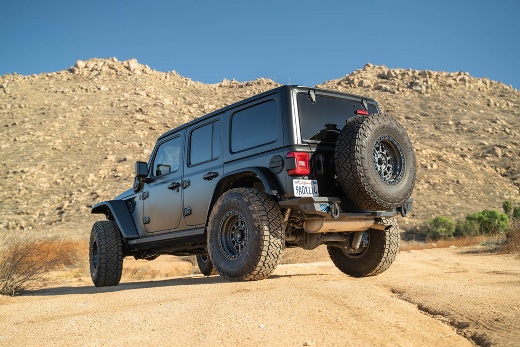 DV8 Offroad 2018-2026 Jeep Wrangler JL MTO Series Bumper Spare Tire Swing Gate – installed on vehicle, image 11 of 17