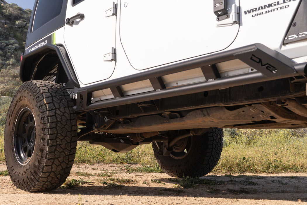 DV8 Offroad 2007-2018 Jeep Wrangler JK 4-Door Rock Sliders – installed on vehicle, image 2 of 19