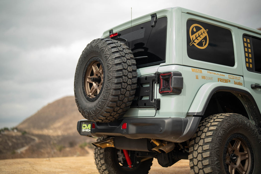 DV8 Offroad 2018-2026 Jeep Wrangler JL Spare Tire Carrier – installed on vehicle, image 7 of 20