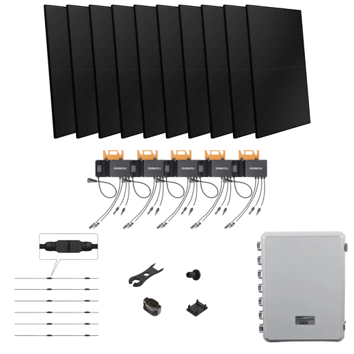 Duracell Power Center Microinverter Residential Solar Kit with 450W Panels {KIT-DC001} - 10 panels at top of page with 5 Duracell microinverters underneath and all remaining kit components at bottom of page