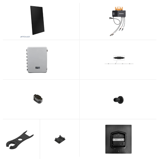 Duracell Power Center Microinverter Residential Solar Kit with 450W Panels {KIT-DC001} - Duracell Power Center microinverter solar kit components including Peimar 450W solar panel, microinverter, junction box, cables, connectors, and mounting accesso