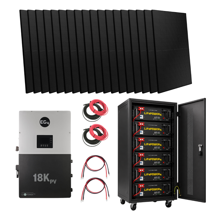 EG4 18kPV Home & Off-Grid Solar Kit with Battery Storage {KIT-E0005} - Front face view of Kit-E0005 with LifePower4 V2 batteries and Peimar 450W Panels
