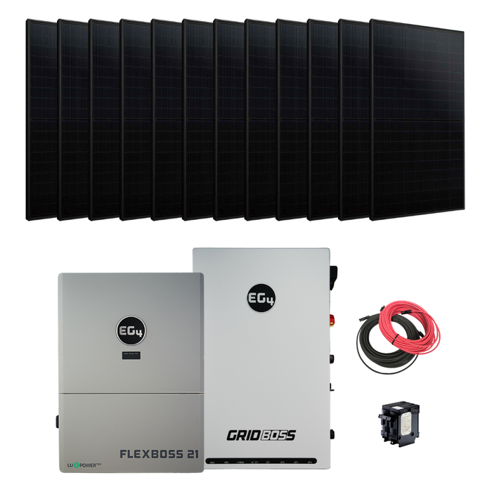 EG4 FlexBOSS21 Whole-Home Energy Offset Solar Kit {KIT-E0021} - 12 Lumina 405W Panels above EG4 FlexBOSS21 and GridBOSS with PV Cables and BSB 90A Breaker beside GridBOSS