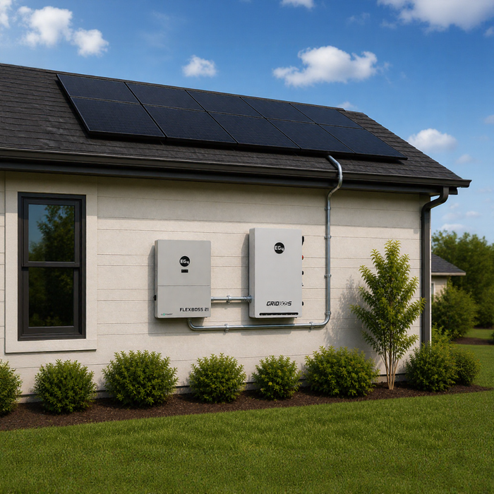 EG4 FlexBOSS21 Whole-Home Energy Offset Solar Kit {KIT-E0021} - EG4 FlexBOSS21 and GridBOSS installed on the side of a house with solar panels