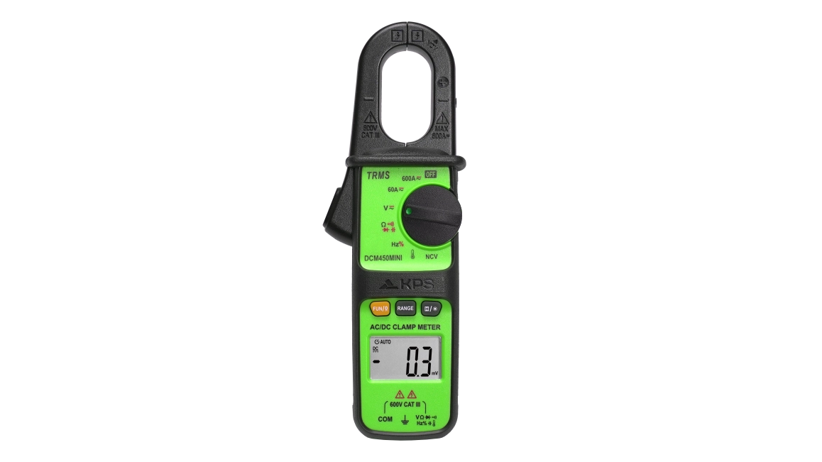 A high quality photo of the KPS - DCM450MINI - 600A Clamp Meter - Front view, provided by KPS.