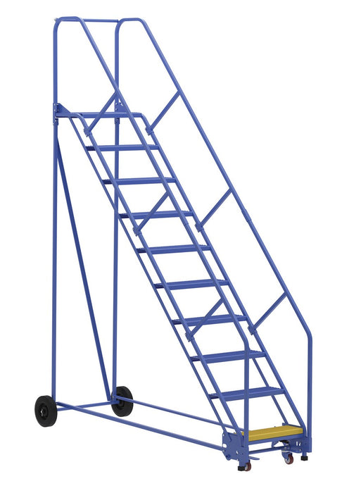 Vestil LAD-10-14-P-EZ Steel Rolling Warehouse Ladder 50 Degree 10 Perforated 23-9/16 in. Step Width 350 lb. Capacity Blue