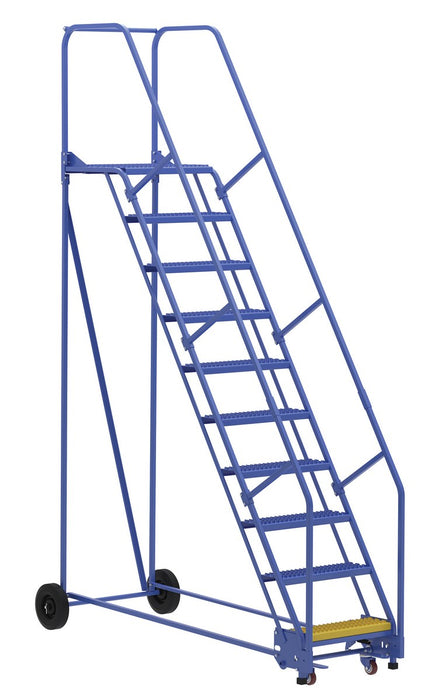 Vestil LAD-10-21-G Steel Rolling Warehouse Ladder 58 Degree 10 Grip Strut 23-9/16 in. Step Width 350 lb. Capacity Blue