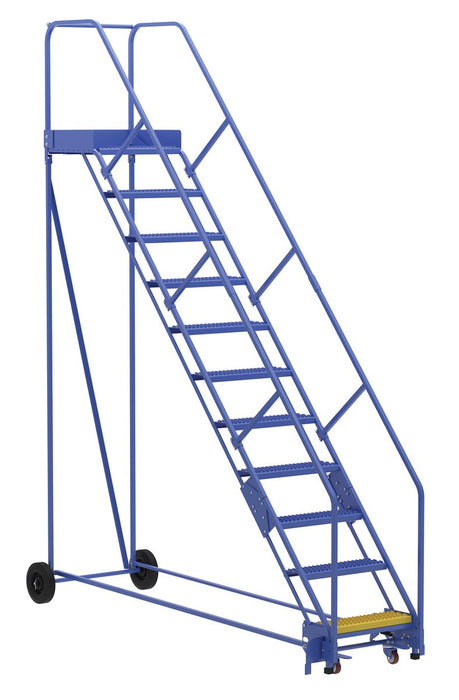 Vestil LAD-11-21-G-EZ Steel Rolling Warehouse Ladder 50 Degree 11 Grip Strut 23-9/16 in. Step Width 350 lb. Capacity Blue