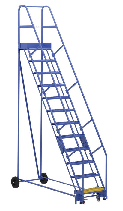 Vestil LAD-12-14-G Steel Rolling Warehouse Ladder 58 Degree 12 Grip Strut 23-9/16 in. Step Width 350 lb. Capacity Blue