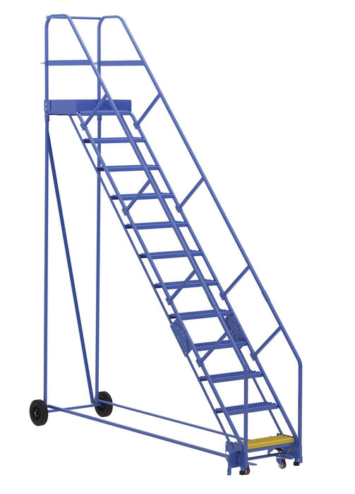 Vestil LAD-12-21-G-EZ Steel Rolling Warehouse Ladder 50 Degree 12 Grip Strut 23-9/16 in. Step Width 350 lb. Capacity Blue