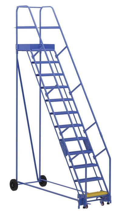 Vestil LAD-12-21-G Steel Rolling Warehouse Ladder 58 Degree 12 Grip Strut 23-9/16 in. Step Width 350 lb. Capacity Blue
