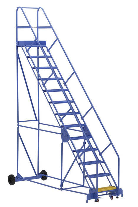 Vestil LAD-13-14-G-EZ Steel Rolling Warehouse Ladder 50 Degree 13 Grip Strut 23-9/16 in. Step Width 350 lb. Capacity Blue