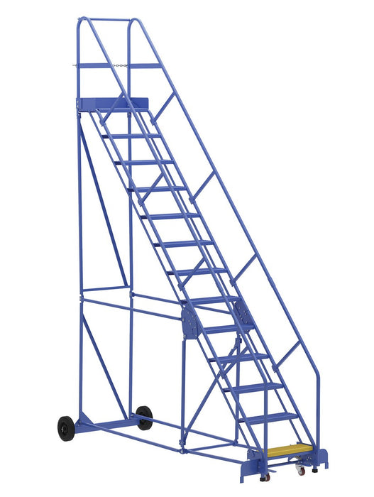 Vestil LAD-13-14-P-EZ Steel Rolling Warehouse Ladder 50 Degree 13 Perforated 23-9/16 in. Step Width 350 lb. Capacity Blue