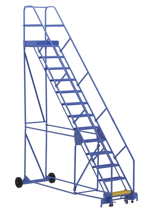Vestil LAD-13-21-G-EZ Steel Rolling Warehouse Ladder 50 Degree 13 Grip Strut 23-9/16 in. Step Width 350 lb. Capacity Blue