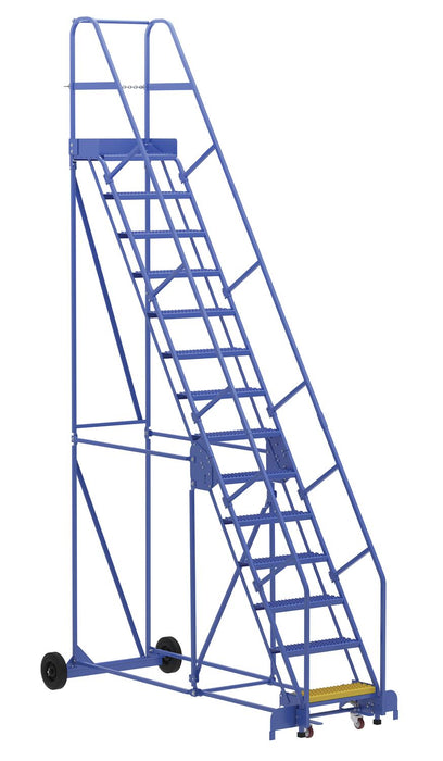 Vestil LAD-14-14-G Steel Rolling Warehouse Ladder 58 Degree 14 Grip Strut 23-9/16 in. Step Width 350 lb. Capacity Blue