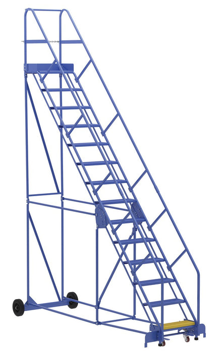Vestil LAD-14-14-P-EZ Steel Rolling Warehouse Ladder 50 Degree 14 Perforated 23-9/16 in. Step Width 350 lb. Capacity Blue
