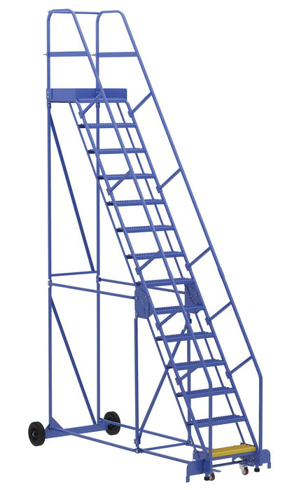 Vestil LAD-14-21-G Steel Rolling Warehouse Ladder 58 Degree 14 Grip Strut 23-9/16 in. Step Width 350 lb. Capacity Blue
