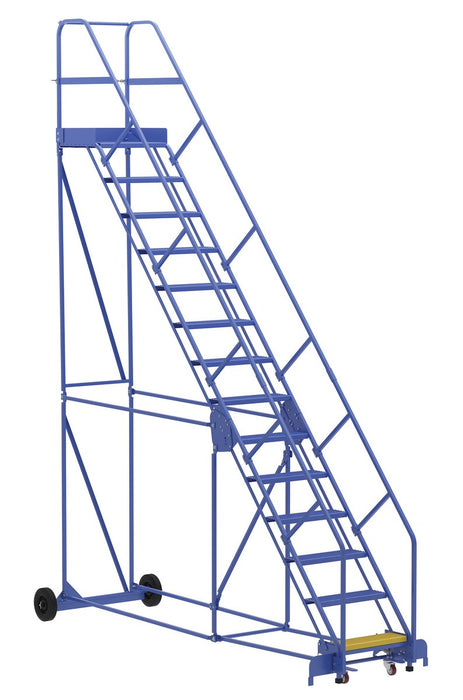 Vestil LAD-14-21-P-EZ Steel Rolling Warehouse Ladder 50 Degree 14 Perforated 23-9/16 in. Step Width 350 lb. Capacity Blue