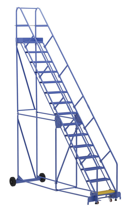 Vestil LAD-15-14-G-EZ Steel Rolling Warehouse Ladder 50 Degree 15 Grip Strut 23-9/16 in. Step Width 350 lb. Capacity Blue