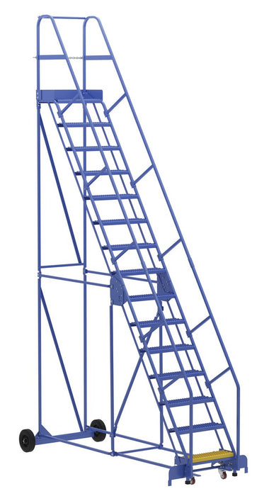 Vestil LAD-15-14-G Steel Rolling Warehouse Ladder 58 Degree 15 Grip Strut 23-9/16 in. Step Width 350 lb. Capacity Blue
