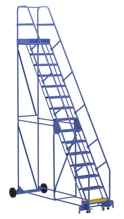 Vestil LAD-15-21-G Steel Rolling Warehouse Ladder 58 Degree 15 Grip Strut 23-9/16 in. Step Width 350 lb. Capacity Blue