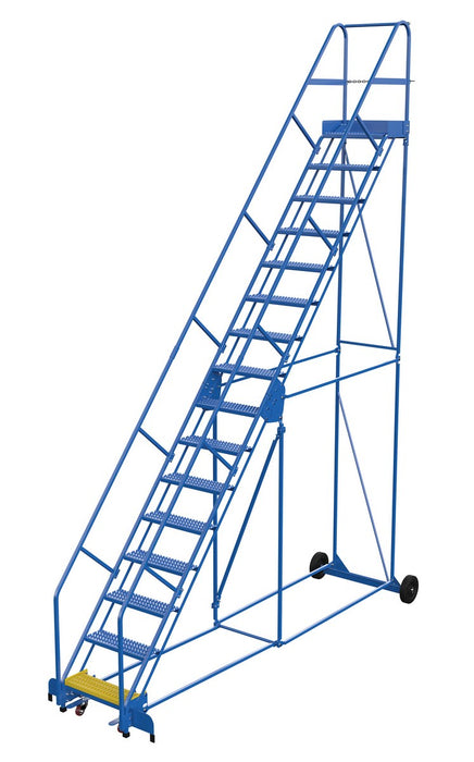 Vestil LAD-16-14-G-EZ Steel Rolling Warehouse Ladder 50 Degree 16 Grip Strut 23-9/16 in. Step Width 350 lb. Capacity Blue