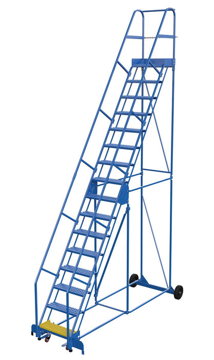 Vestil LAD-16-14-G Steel Rolling Warehouse Ladder 58 Degree 16 Grip Strut 23-9/16 in. Step Width 350 lb. Capacity Blue
