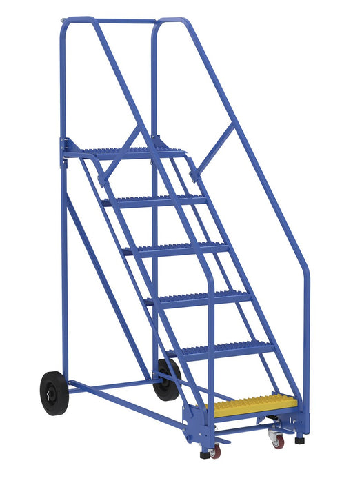Vestil LAD-6-14-G-EZ Steel Rolling Warehouse Ladder 50 Degree 6 Grip Strut 23-9/16 in. Step Width 350 lb. Capacity Blue