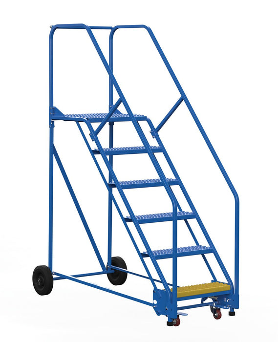 Vestil LAD-6-21-G-EZ Steel Rolling Warehouse Ladder 50 Degree 6 Grip Strut 23-9/16 in. Step Width 350 lb. Capacity Blue